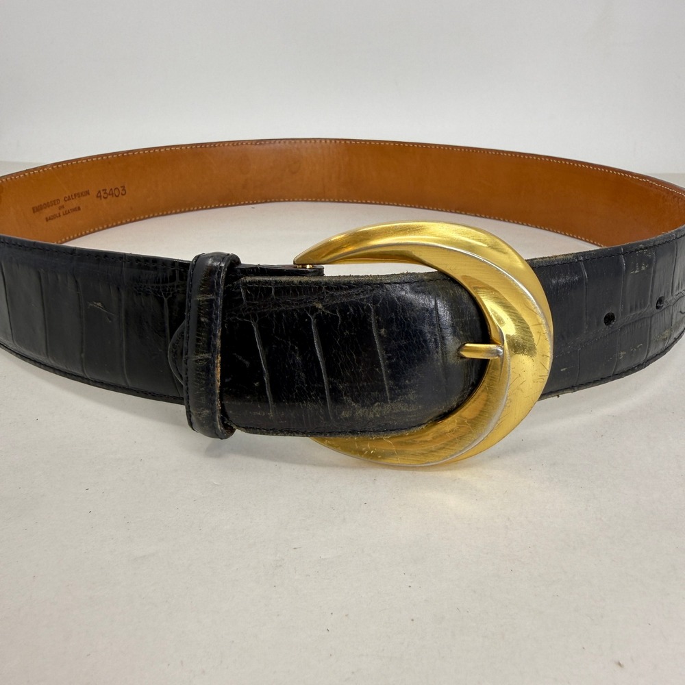 Brighton Vintage Black Croc Embossed Leather Belt Gold Crescent Buckle